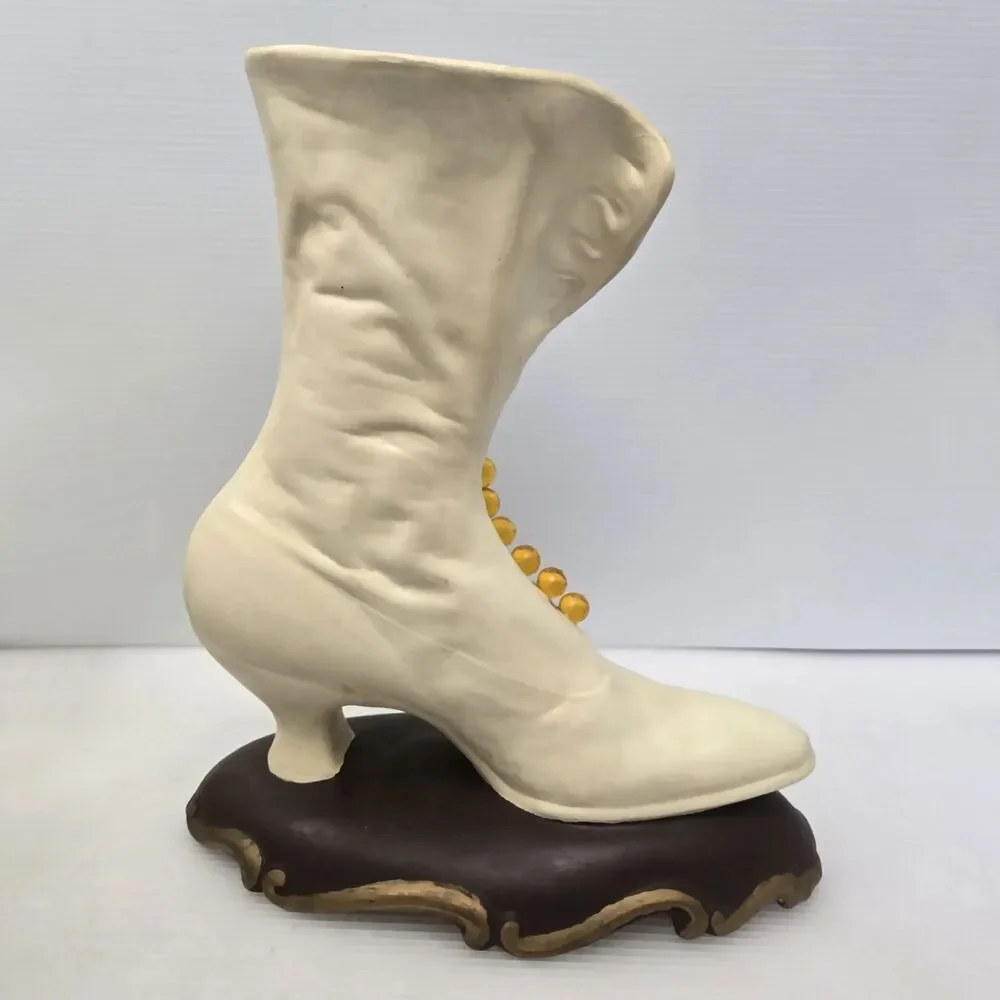 Atlantic Mold White Ceramic Victorian High Top Button Boot Vase Lace Up Shoe Vtg